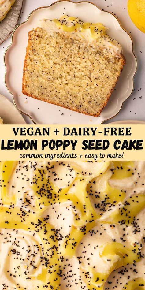 Vegan lemon poppy seed cake with a soft, moist and light crumb and lots of flavor from fresh lemon juice and zest. The batter is easy to prepare and is baked in a loaf pan for ease! Vegan Lemon Loaf, Carrot Cake Loaf Recipe, Lemon Poppy Seed Cake, Vegan Lemon Curd, Lemon Cupcake Recipe, Vegan Lemon Cake, Vegan Cream Cheese Frosting, Lemon Poppyseed Bread, Lemon Poppyseed Cake