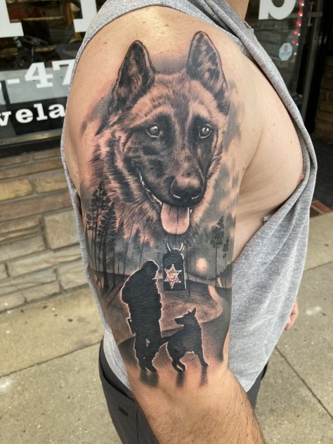 Blue Line Tattoo, Line Tattoo Designs, German Shepherd Tattoo, Pet Tattoo Ideas, Police Tattoo, Rip Dog, Dog Portrait Tattoo, Pet Tattoos, Viking Tattoo Sleeve