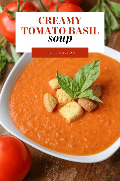 With delicious seasonings, this creamy tomato basil soup has a bold flavor that you'll quickly fall in love with. #creamytomatobasilsoup #tomatosoup #tomatobasilsoup #creamytomatosoup #soup Carla Shellis Tomato Basil Soup, The Best Tomato Basil Soup, Creamy Tomato Florentine Soup, Homemade Creamy Tomato Basil Soup, Creamy Tomato Basil Soup Recipe, Creamy Tomatoes Soup, Tomato Basil Soup With Canned Tomatoes, Creamy Tomato Soup Easy, Tomato Basil Bisque Soup