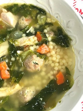 Italian Wedding Soup with Escarole and Mini Meatballs - Proud Italian Cook Flavorful Meatballs, Soup With Meatballs, Escarole Soup, Italian Wedding Soup Recipe, Mini Meatballs, Wedding Soup, Meatball Soup, Italian Soup, Turkey Meatballs