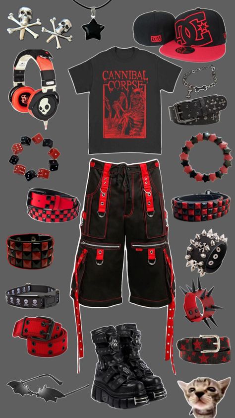 Fed and Blacl emo outfit collage Red And Black Emo, Emo Outfit, Goth Fits, Punk Style Outfits, Silly Clothes, Alt Outfits, Outfit Collage, Funky Outfits, Emo Outfits