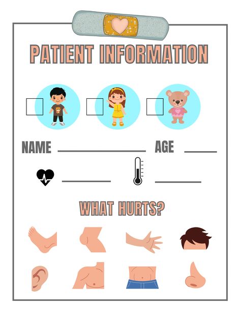 Hospital Dramatic Play Free Printables, Doctor Unit For Preschool, Play Doctor Printables Free, Kindergarten Doctor Activities, Pretend Play Doctor Free Printables, Doctor Play Printables, Doctors Office Dramatic Play Preschool Free Printables, Doctor Center Preschool Dramatic Play, Doctor Role Play Free Printable