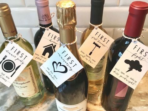 A Year of Firsts . Wine Tags . FREE SHIPPING . Bridal Shower Gift . Wedding Gift Wine For Wedding, Wine Gift Tags, Bridal Shower Presents, Wedding Wine Gift, Bridal Shower Wine, Wine Gift Baskets, Wine Baskets, Wedding Shower Gifts, Wine Tags