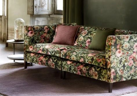 Also Striped Sofa Living Rooms, Floral Couch Decor, Floral Sofas, Patterned Couch, Tapestry Sofa, Cottage Sofa, Patterned Sofa, House In The Hills, Floral Couch