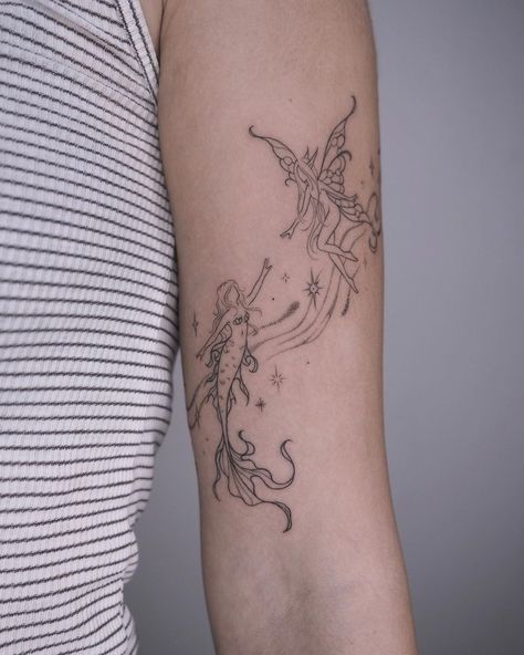 Mermaid Related Tattoos, Siren And Fairy Tattoo, Fairy And Mermaid Tattoo Simple, Mystical Mermaid Tattoo, Two Mermaids Tattoo, Whimsical Mermaid Tattoo, Mermaidcore Tattoo, Fae Aesthetic Tattoo, Mermaid Core Tattoo