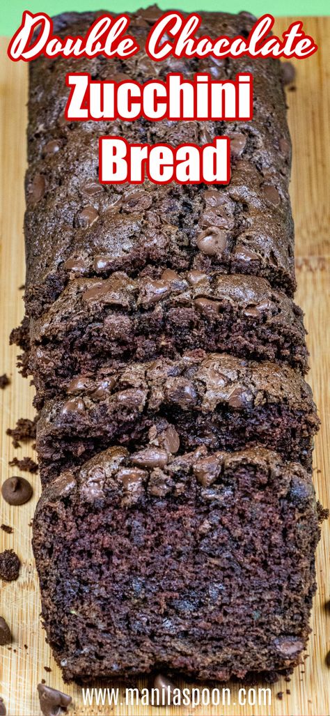 Super-moist, tender and delicious is this Double Chocolate Zucchini Bread. My kids really love this and they don’t care that there are veggies in it. It’s that good! Double Chocolate Chip Zucchini Bread, Pain Au Chocolat, Zucchini Recipes Bread Muffins, Chocolate Zucchini Bread With Sour Cream, Yummy Zucchini Bread Recipes, Chocolate Chocolate Chip Zucchini Bread, Bread Maker Zucchini Bread Recipe, Moist Chocolate Zucchini Bread, Chocolate Chip Zucchini Bread Recipes Moist Easy