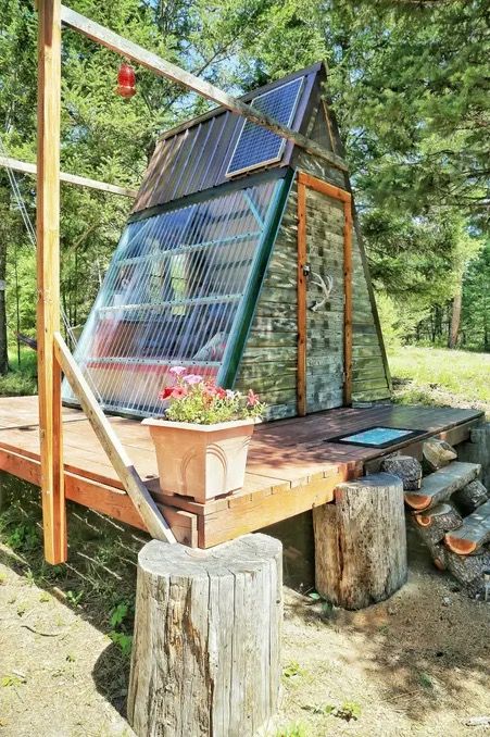 Micro A-frame Cabin Off-Grid Glamping Vacation in Montana 0010 Easy A Frame Cabin, A Frame Greenhouse, Tiny A Frame Cabin, Raised Platform, A Frame Cabins, Missoula Montana, Building Remodeling, Frame Cabin, Summer Backyard