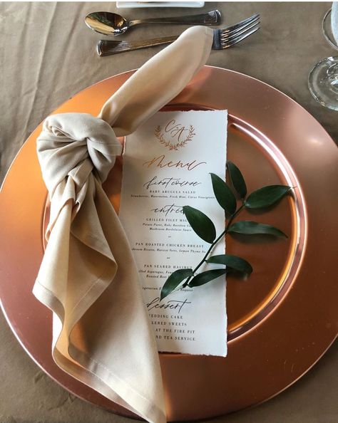 Knot tied napkin Knot Napkins Wedding, Wedding Table Setting Knotted Napkin, Wedding Napkin Knot, Napkin Ties For Wedding, Place Settings With Napkins, Tied Napkins Wedding, Napkin Tied In Knot, Easy Wedding Napkin Folds, Knotted Napkin Fold