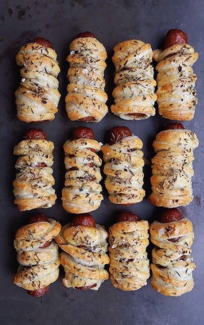 MUMMY HOT DOGS — COFFEE AND CHAMPAGNE Halloween Bites, Mummy Hot Dogs, Wrapped Hot Dogs, Mummy Dogs, Puff Pastry Dough, Herbs De Provence, Pastry Brushes, Dog Coffee, Pastry Dough