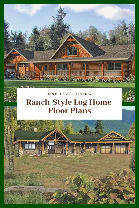 A traditional log home ranch has one long roof ridge, with a fairly shallow pitch. The home’s horizontal lines look best on a flat site, but can appear more modern on a slope. Metal roofs are a wise pick for standing up to the hot sun and drifting snow. The ranch house should feel communal, with a wide-open sense of welcome. Wrap-around porches look great on a ranch home, and permit entry at a number of places. Find a ranch house plan that's perfect for you and your family. Log Cabin Ranch Style Homes, Ranch Style Log Homes, Horse Ranch House Plans, Homes With Wrap Around Porches, Timber Home, Log Home Living, Metal Roofs, Log Home Floor Plans, Park Model Homes