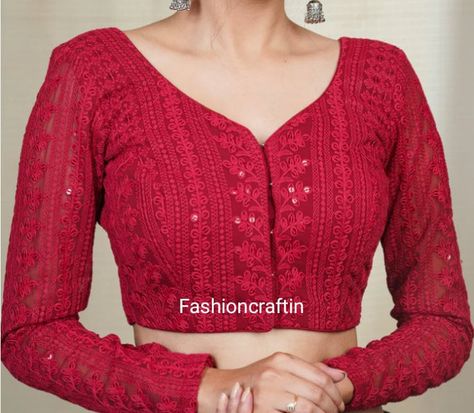 Red Chikankari EMBROIDERED BLOUSE, Front Open, Full Sleeves, Woman Choli Blouse, Party Wear Blouse, Saree Choli Blouse || Free Shipping || THANKS FOR VISIT IN MY SHOP Readymade Sari Blouse - Ready to Wear Front Open Princess Cut , Not Padds Soft, light weight and breathable fabric. If you could include following info in the note to whenever you placed the order, you will got best matched blouse * Chest size: * Waist size: * Blouse Length: * Sleeve Loose: * Sleeve Length: * Front Neck length: * Back Neck length: IF YOU DON'T FIND YOU SIZE HERE, PLEASE MESSAGE US. WE WILL MAKE ONE FOR YOU.  We usually ship within 3-5 working days after receiving clear payment, Back Neck Designs For Blouses, Front Blouse Designs, Princess Cut Blouse Design, Red Blouse Design, Full Sleeves Blouse Designs, Blouse Party Wear, Full Sleeves Design, Princess Cut Blouse, Cut Blouse