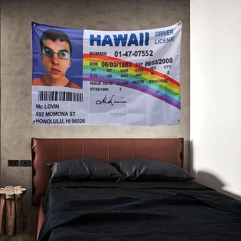 Mclovin Id, Flags For Room, Tapestry Funny, Funny Flags, Best Flags, Large Tapestry, College Dorm Decor, College House, Wall Flag