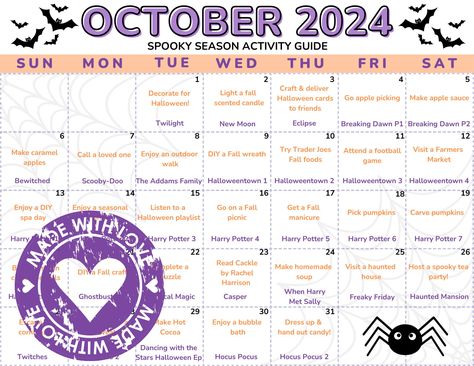 Celebrate October with activity and movie suggestions for each day of the month!  What you'll get: A printable PDF October 2024 calendar with daily Fall activities and movie suggestions. October Holidays 2024, October Activity Calendar, October Celebrations, Fall Movies, Movie Suggestions, Shelter Ideas, October Activities, November Activities, Calendar Activities