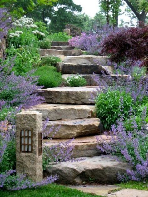 Easy Ideas for Landscaping with Rocks Hill Landscaping, Trees Landscaping, Landscaping On A Hill, Sloped Backyard, Stone Steps, Garden Stairs, Hillside Landscaping, Garden Stepping Stones, Sloped Garden