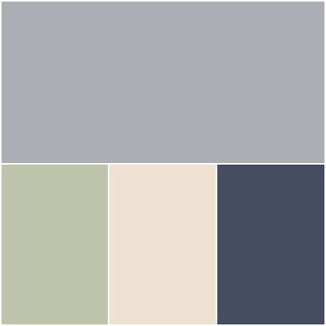 Guest Color Palette: Grey Timber Wolf, Sage, Cream Puff, Dark Navy Navy Green Grey Bedroom, Grey Green Cream Color Schemes, Navy Olive Grey Color Palette, Gray Navy Sage Bedroom, Blue Green And Cream Bedroom, Navy Green Beige Color Scheme, Sage Navy And Cream Bedroom, Navy Sage Nursery, Sage Grey And Navy Living Room