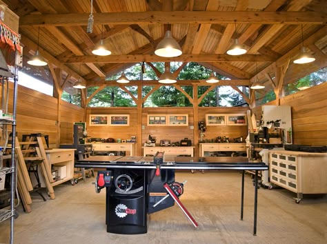 My first timber frame building.  A 20' x 32' workshop.  All western red cedar timbers were 'beach logged' (down-dead trees) collected off the beaches of Southeast Alaska. Special thanks to... Wood Shops, Woodshop Ideas, Plan Garage, Work Shops, Woodworking Garage, Timber Frame Building, Workshop Layout, Wood Workshop, Workshop Plans