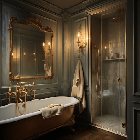 Parisian Bathroom Design - 22 Ways To Achieve An Elegant Aesthetic - Edward George French Interior Design Bathroom, Moody French Bathroom, Luxury Country Bathroom, Fireplace In Bathroom Ideas, Bathroom In Bedroom Ideas, Realistic Bathroom Ideas, French Colonial Style Interior, Dark Master Bath, French Victorian Decor