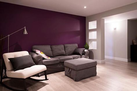 Basement living room wall with deep purple accent wall Purple Accent Wall, Living Room Cozy, Purple Living Room, Living Room Wall Color, Room Wall Colors, Red Couch, Basement Living Rooms, Couch Design, Purple Wall