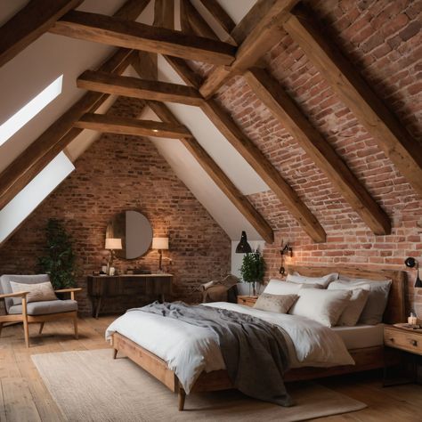 A cozy rustic attic bedroom with exposed brick walls, wooden beams, and a soft, warm color palette for a comfortable and charming space. #AtticBedroom #Rustic #ExposedBrick #WoodenBeams #WarmPalette Country Loft Bedroom, Exposed Beam Bedroom, Bedroom With Exposed Beams, Loft Attic Bedroom, Upstairs Loft Bedroom Master Suite, Exposed Brick Color Palette, Bedroom With Brick Accent Wall, Unfinished Attic Ideas, Red Brick Bedroom