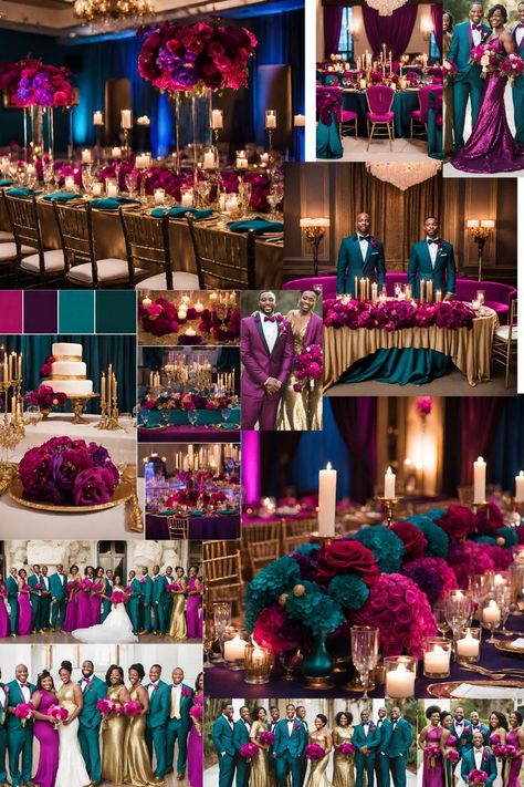 Elegant Party Color Scheme, African American Wedding Party, African Wedding Colors, Teal And Fuschia Wedding, Fall Wedding Colors Black People, Black People Wedding Colors, Wedding Colors Black People, Fall Wedding Black People, Wedding Color Schemes Black People