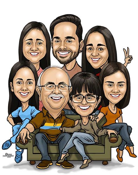 Family caricatures - Ordercaricatures.com Student Council Shirts Design, Family Caricatures, Caricature Ideas, Group Caricature, Caricature Examples, Caricature Online, Portrait Drawing Tips, Caricature Gifts, Wedding Caricature