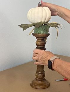 Pumpkins On Candle Holders, Making Fall Decorations, Fall Candlestick Ideas, Fall Candle Holder Ideas, Easy Fall Mantle, Fall Candle Stick Decor, Fall Candlestick Arrangements, Wooden Candle Holders Ideas, Fall Pumpkin Arrangements