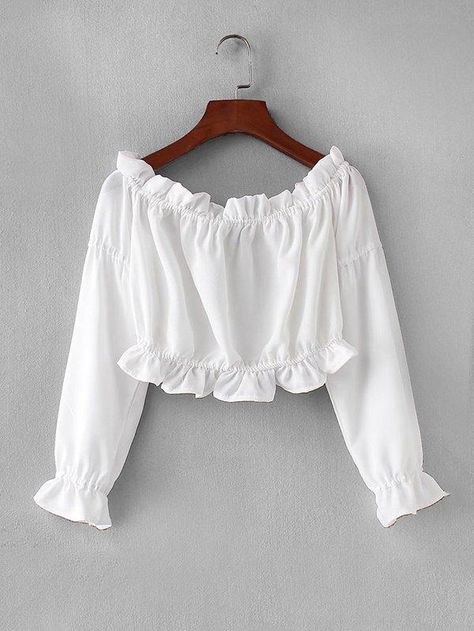 Ruffle Trim Bardot Crop Top -SheIn(Sheinside) Crop Top For Women Stylish, Fashion Crop Tops, Fancy Top, Chiffon Top, Fancy Top Design, White Crop Top Outfit, Fancy Crop Top, Elegant Crop Top, Simple Crop Top