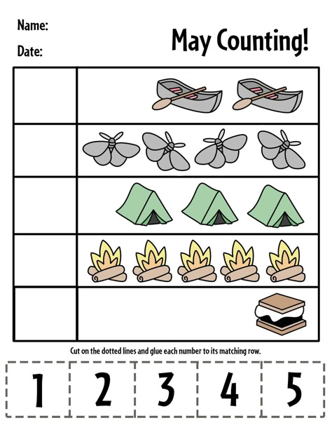 Print your Free May Counting Page for Preschool, along with 11 other May Worksheets for Pre-K! Have fun with a camping.nature theme!  May Printables for Preschool | May Coloring Pages | May Worksheets for Preschool | Camping Theme Camping Math Activities For Toddlers, The Great Outdoors Theme Preschool, Pre K Camping Theme Activities, Camping Worksheets For Preschool, May Worksheets, Camping Preschool Theme, Camping Activities For Preschool, Pre K Worksheets Free Printables, May Coloring Pages