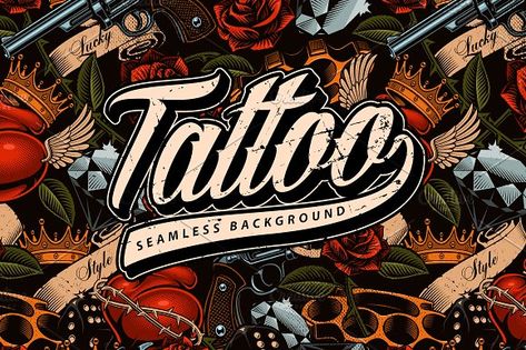 Tattoo seamless background by Harry Kasyanov on @creativemarket Tattoo Background Ideas, Joel Tattoo, Salon Tattoo, Studio Sign, Abstract Art Tattoo, Tattoo Logo, Tattoo Posters, Tattoo Background, Machine Tattoo