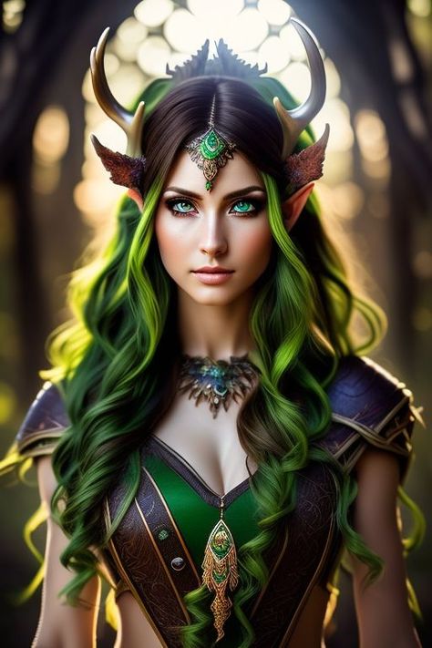 SilverEvermoore: a gorgeous female druid with two colored split hair ((brown and green)), ((bright green)) eyes, and with elf ears, Antlers on her head, beautiful face Green Eyes Art, Female Druid, Brown Hair And Green Eyes, Bright Green Eyes, Black Hair Green Eyes, Brown Hair Green Eyes, Elf Druid, Female Elf, Eyes Art