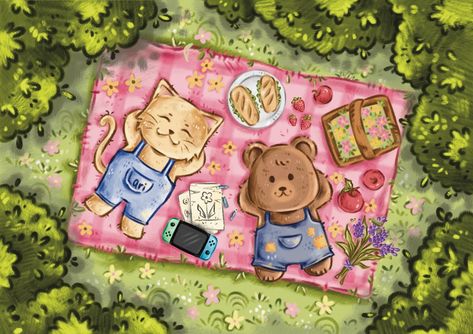 Picnic illustration - Tag someone who you would like to go on a picnic with 🫣🧺 Also swipe to see my messy initial sketch :) #picnic #summer #strawberry #cat #bear #forest #nature #nintendo #illustration #drawing Picnic Blanket Drawing, Picnic Cartoon, Picnic Drawing, Nintendo Illustration, Guache Art, Picnic Illustration, Camping Drawing, Strawberry Drawing, Vine Drawing