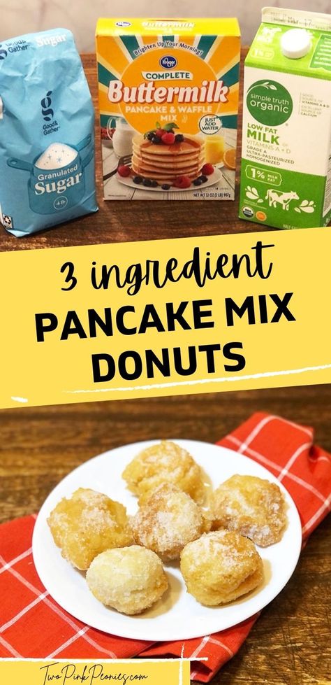 How to make pancake mix donuts | These donuts made from pancake mix (such as Bisquick) are so easy to make. They're great for when you're craving donuts but don't want to make a donut run. These donuts are super easy to make and best of all you only need three ingredients to make them. Pancake Mix Uses, Easy Pancake Mix, 3 Ingredient Pancakes, Baking Mix Recipes, Pancake Mix Recipe, Easy Donut Recipe, Pancake Mix Recipes, Easy Donuts, Special Breakfast