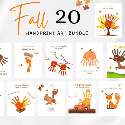 "Fall Handprint Crafts - 20 designs included! This fall bundle is perfect for the fall season! They are going to make the most of fall and create beautiful memories for years to come! This is perfect for home crafts, school, halloween parties, and more!  **This listing is an instant digital download, no physical product will be shipped** Just order and within a few seconds, you will receive a link to download your template.   🍁 You will receive 🍁   1. 1 High quality PDF File Size (8.5\" x 11\") with 20 designs 2. 1 PDF \"Cheat Sheet\" showing the finished prints so you can see where to put the handprints/footprints! 2. Instant Download - Download, Print, Enjoy!    *PRINTING: For best results,  - Use medium to heavy white cardstock - Colors may vary once printed due to monitors and/or pri Fall Handprint Footprint Craft, Crafts For Infants Daycare Fall, Handprint Fall Art, Kids Fall Handprint Art, Fall Leaves Handprints, Fall Hand Foot Print Art, Orange Footprint Craft, Footprint Fall Crafts, Fall Hand Print Art