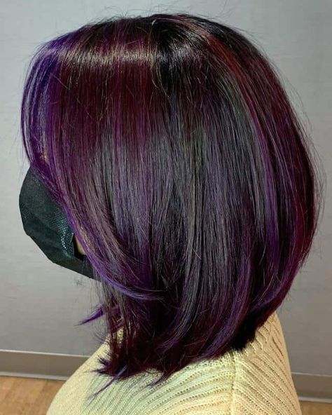 Black-Purple Bob Hair 3 Purple Balayage, Dark Purple Hair, Colour Hair, Black Hair With Highlights, Hair Color Purple, Trendy Hair, Hair Color Dark, Hair Color For Black Hair, Beauty Hair