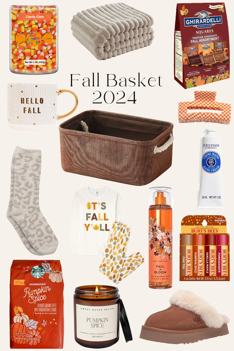 Fall Party Favor Basket Ideas, Fall Basket For Teachers, Fall Baskets For Teachers, Co Ed Gift Basket Ideas, Fall Teacher Gift Basket, Fall Homemade Gifts, Friendsgiving Basket Ideas, Seasonal Gift Basket Ideas, Fall Presents Gift Ideas