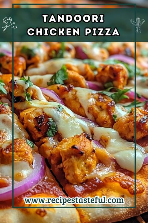 This Tandoori Chicken Pizza combines the rich flavors of Indian cuisine with the comforting familiarity of pizza. Made with naan bread, tender tandoori chicken, and topped with chickpeas and cilantro, this dish is both quick to prepare and deliciously unique. Indian Bread Naan, Tandoori Pizza, Tandoori Chicken Pizza, Toasted Chickpeas, Chicken Pizza Recipes, Naan Pizza, Classic Pizza, Indian Bread, Naan Bread