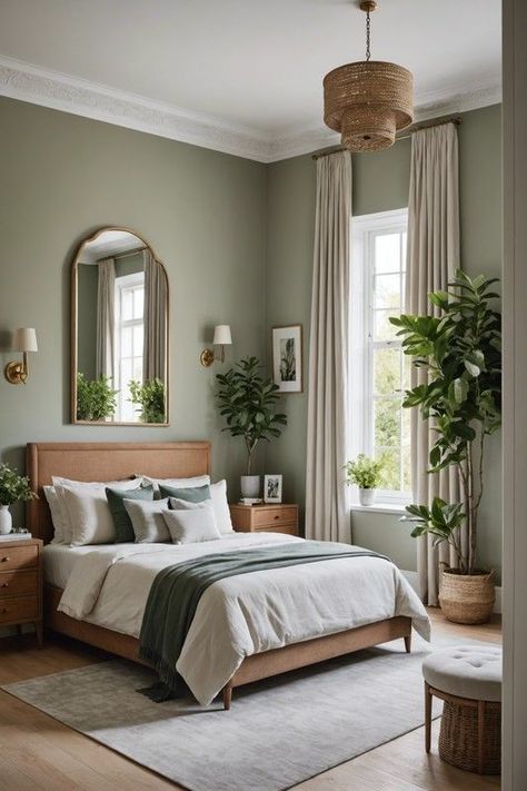 Amazing Decorating Ideas for your Home - Blushiee Cabin Green Interior, Natural Green Bedroom Ideas, Green Natural Bedroom, Warm Green Bedroom, Warm Color Bedroom Ideas, Bedroom Inspirations Cozy Warm, Cuartos Aesthetic, Sage Bedroom, Bedroom Mood Board