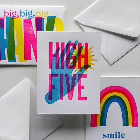 A Bright and Bold Bulk Pack of Six Letterpress Cards. A CMYK Dream! A combination of Big Thanks, High Fives and Rainbow Smiles! Two of each card, happy mailing! 3 Color Letterpress : Hand printed on Cranes Lettra 100% Cotton Paper with a 1914 Chandler & Price Platen Press  Size : : A2 : :  4.25 X 5.5 inches Blank Inside, Folded Notes & Complete with a Coordinating White Cotton Envelopes Original Artwork by Lately Press Paper Co. Letterpress Art, Cmyk Design, Letterpress Holiday Cards, Form Inspiration, Typography Design Inspiration, Folded Notes, Diamond Ball, Poster Project, Welcome Card