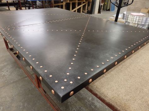 https://flic.kr/p/X23v7J | Zinc Table Top, Dark Patina, Copper studs Sheet Metal Furniture, Copper In Architecture, Zinc Table Top, Zinc Countertops, Metal Countertops, Zinc Table, Basement Inspiration, Patina Copper, Metal Sheets