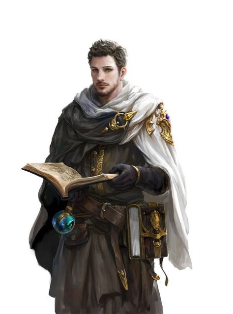 wizard / male spell caster with spellbook and flask  male human character for DnD / Pathfinder Medieval Clothing, Personaje Fantasy, Heroic Fantasy, Human Male, Dungeons And Dragons Characters, Fantasy Male, Magic Book, Fantasy Warrior, Arte Fantasy