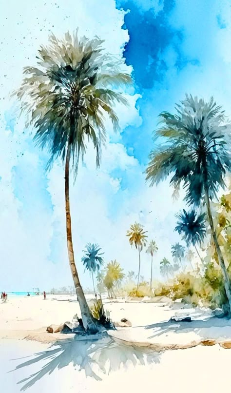 Laminated card with rounded corners. Size: 2.5” x 4.25” Water color of a beach with palm trees. B5 Beach Watercolor Paintings, Watercolor Beach Scenes, Palms Painting, Beach With Palm Trees, Beach Scene Painting, Beach Mural, Tree Watercolor Painting, Watercolor Beach, Tropical Painting