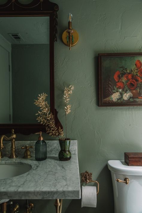 Green Bathroom Paint, Green Bathroom Colors, Small Powder Room, Moody Bathroom, Dark Green Bathrooms, Brass Sink, Brass Sconces, Bathroom Color Schemes, Tile Wood