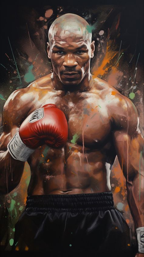 An iconic portrait of legendary boxer Mike Tyson, donning his signature black shorts and red boxing gloves, juxtaposed against an artistic backdrop of abstract paint blobs Mike Tyson Poster, Mighty Mike, Red Boxing Gloves, Art Is, Boxing Images, Iron Mike, Heavyweight Boxing, Sports Painting, Muhammed Ali