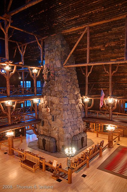 Old Faithful Inn Fireplace - Yellowstone. I had to repin this because that fireplace is so totally awesome in person. You can be reading by yourself on one of the upper floors like a library with all the action below you. Old Faithful Inn, National Park Lodges, Yellowstone Vacation, Yellowstone Trip, Yellowstone Park, Old Faithful, National Parks Usa, Grunge Outfit, Jackson Hole