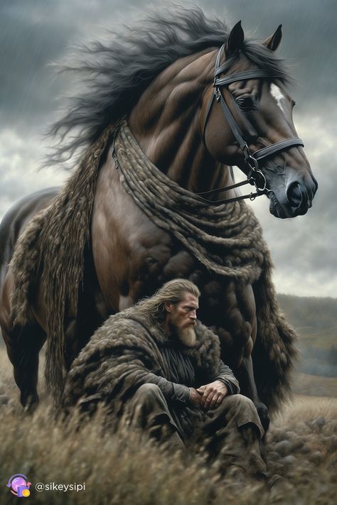 The elements and strength in every move. The Viking, leading his warriors into battle, symbolizes untamed power and determination. His war horse and the dark skies create a dramatic atmosphere full of energy and dynamism. #viking #battle #strength #power Viking Horse, Horse Warrior, Viking Battle, Warriors Illustration, Marvel Heroines, Full Of Energy, Big Horses, Native American Artwork, Viking History