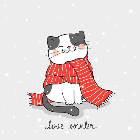 Cat In Snow, Love Winter, Christmas And Winter, Happy Cat, Winter Christmas, Premium Vector, Christmas, Red