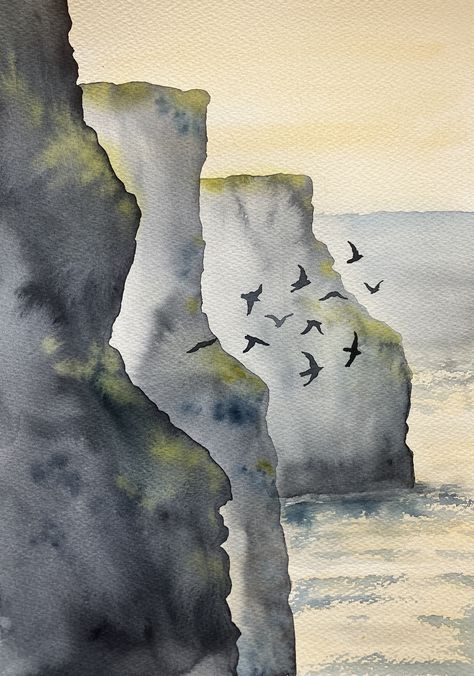 original watercolor painting of Cliffs of Moher, Ireland, in a fog with flock of birds, available on Etsy Watercolor Person Simple, Water Coloring Ideas Easy Landscape, Water Colour Land Scapes, Circular Watercolor Paintings, Ireland Landscape Art, Cliff Watercolor, Watercolor Ireland, Peaceful Watercolor, Watercolor Art Ideas Landscape