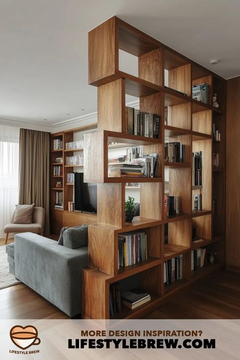 40+ Living Room Partitions Design Ideas (Stunning Inspiration!) Open Shelves As Room Divider, Open Book Case Room Divider, Living Room Divider Ideas Wall Dividers, Home Partition Ideas, Living Room Partitions, Kitchen Living Room Open Concept, Partitions Design, Room Dividers Ideas, Living Room Divider Ideas