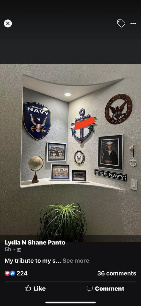 Wall Of Honor For Veterans Ideas, Military Wall Decor Ideas, Navy Office Decor, Navy Decorations, Navy Party Themes, Navy Quotes, Military Frames, Navy Office, Navy Bedroom