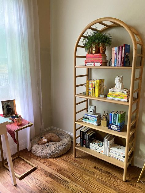 Wooden Bookcase Styling, Arch Bookshelf Styling, Curved Wooden Bookcase, Arch Shelf Decor, Curved Bookshelves, Curved Bookshelf, Curved Bookcase, Target Bookshelf, Curved Shelves